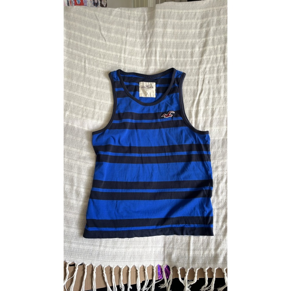 Hollister Mens Blue Navy Striped Tank Top Embroidered Logo Size L